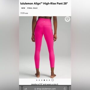 LULULEMON ALIGN LEGGINGS IN SIZE 8, SONIC PINK